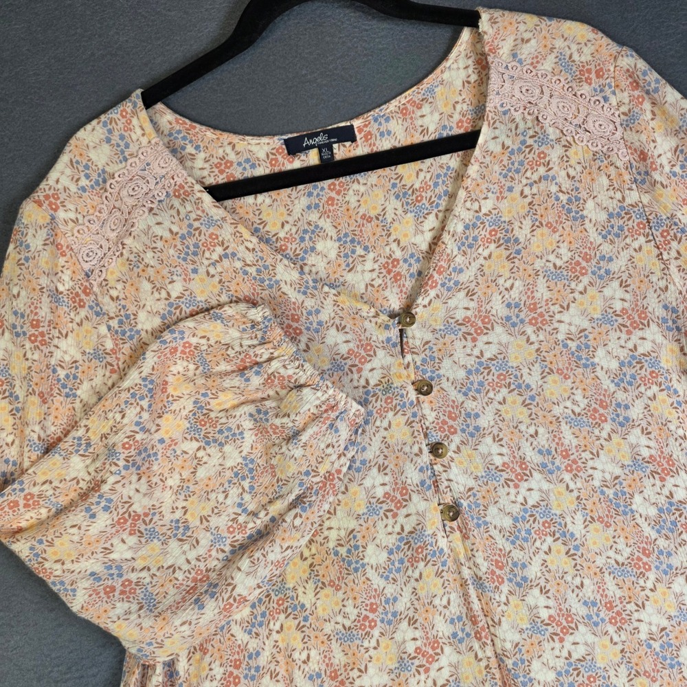 Angels Forever Young Blouse Women Large Multicolor Floral Lace Trim V-Neck